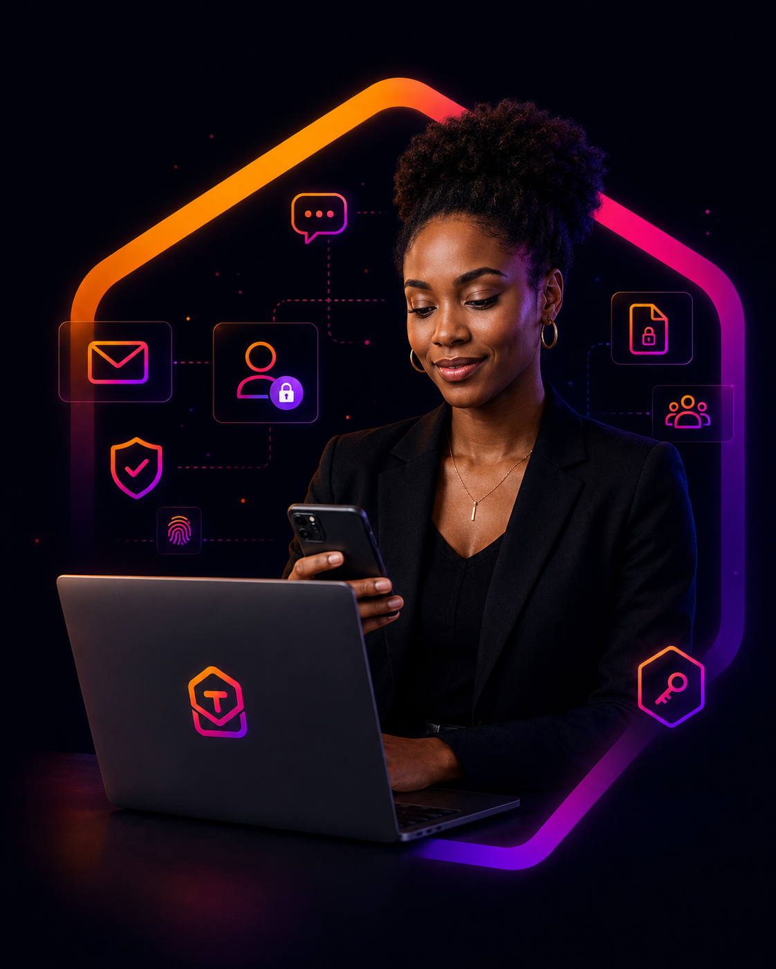 Professional using phone and laptop